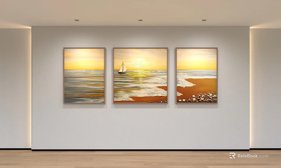 Three Seascape Paintings On Wall Featuring Sunrise Sailing Boat Waves And Beach 3d model 