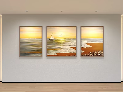 Three Seascape Paintings On Wall Featuring Sunrise Sailing Boat Waves And Beach 3d model