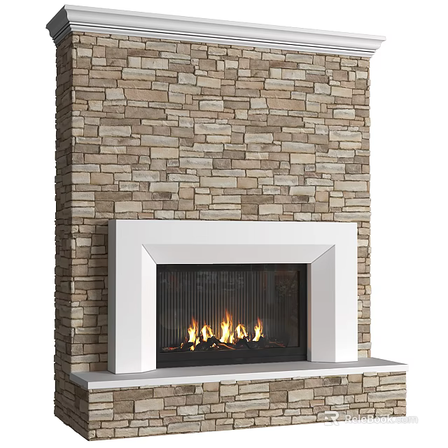 Modern Fireplace With Stone Wall Backdrop White Frame And Flames 3d model