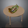 Grilled Fish Platter with Fresh Vegetables Served on Round Wooden Table 3d model