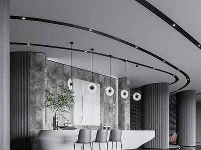 Modern Hotel Lobby Interior With Curved Ceiling Marble Walls Pendant Lights And Green Plant 3d model