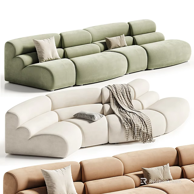 Modern Multi-seater Sectional Sofa With Round Design Pillows And Throw Blanket 3d model 