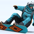 A Man Snowboarding Trick In Blue Suit White Helmet On Blue Board With Orange Patterns