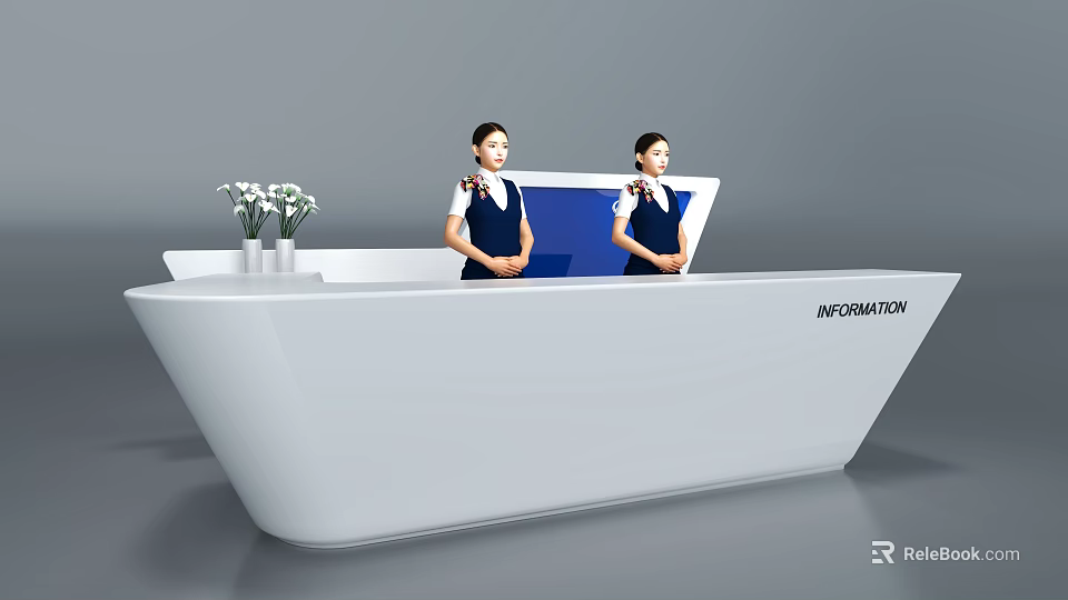 Modern White Lobby Information Desk With Reception Staff And Flower Vase 3d model 
