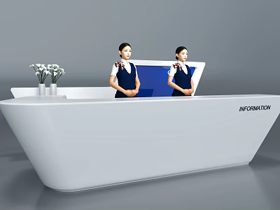 Modern White Lobby Information Desk With Reception Staff And Flower Vase 3d model