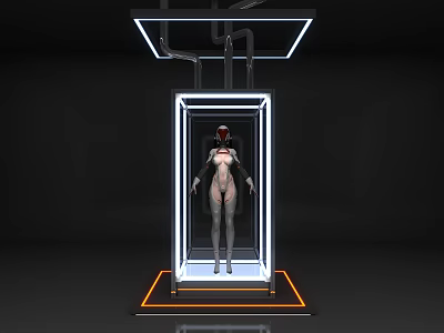 Futuristic Robot Figure Standing in Illuminated Tech Frame Platform Structure 3d model