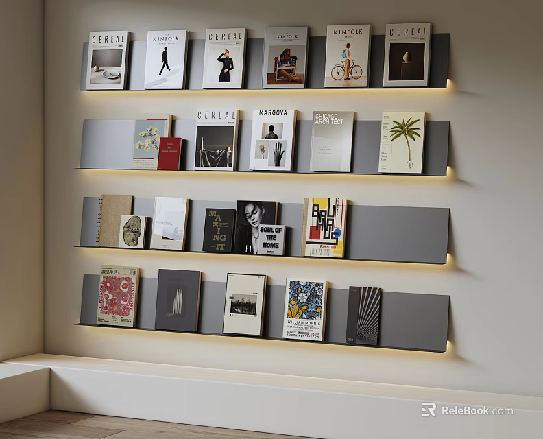 Modern Wall Mounted Multi Tiered Shelving Unit With Books Magazines And Decorative Items 3d model 