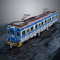 Old Style Blue And White Electric Train With Pantographs On Railway Track