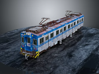 Old Style Blue And White Electric Train With Pantographs On Railway Track 3d model