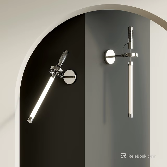 Modern Long Cylindrical Wall Lamp With Metal Frame Mounted On Dark And Light Walls 3d model 