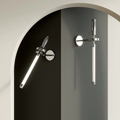 Modern Long Cylindrical Wall Lamp With Metal Frame Mounted On Dark And Light Walls 3d model