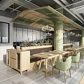 Modern Restaurant Interior With Wooden Dining Tables Green Chairs Long Bench Seating And Hanging Lights