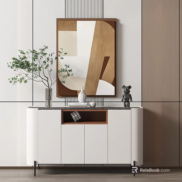 Modern Entryway Console Cabinet With White Finish Decorative Painting And Green Plant 3d model