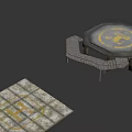 3D Model Of Octagonal Platform With Yellow Logo Metal Stairs And Grid Structure