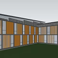 Modern Detached Villa Exterior With Wooden Metal Elements Large Glass Windows Enclosed Lawn Courtyard