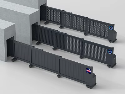 Public Facility Black Metal Guardrails With Blue Signs For Building Area Safety 3d model