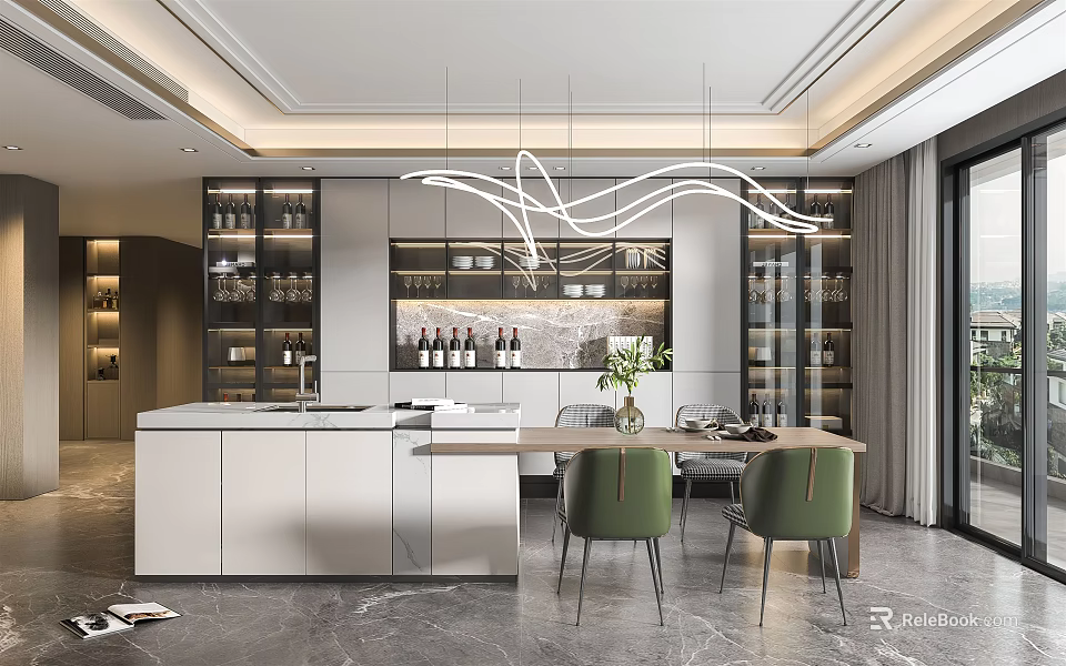 Elegant Modern Restaurant Interior With Dining Table Green Chairs Wine Racks And Pendant Lights 3d model 