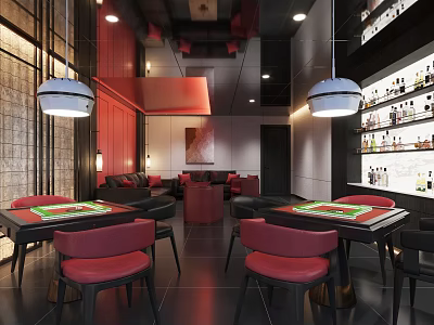 Modern Hotel Mahjong Room Interior With Red Chairs Black Tables And Pendant Lights 3d model