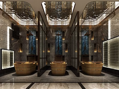 Hotel Lobby Interior Design With Marble Flooring Chandeliers Glass Partitions And Wooden Accents 3d model