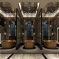Hotel Lobby Interior Design With Marble Flooring Chandeliers Glass Partitions And Wooden Accents