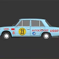 Blue Vintage LADA Race Car Model With Round Headlights And Number 18 Decal And Sponsor Stickers