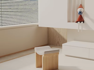Wooden Side Table With White Cushion And Red Doll Near Window Blinds Minimalist Room 3d model