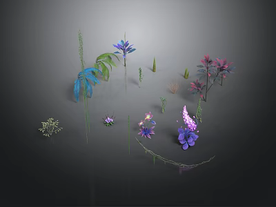 Various Colorful Plants With Blue Purple Pink Flowers And Green Leaves Against Dark Background 3d model
