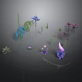 Various Colorful Plants With Blue Purple Pink Flowers And Green Leaves Against Dark Background