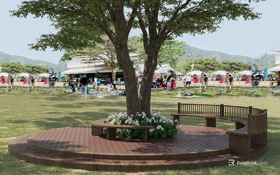 Park Landscape Featuring Large Tree Wooden Deck Benches White Flowers Open Grassy Area And Mountains 3d model 