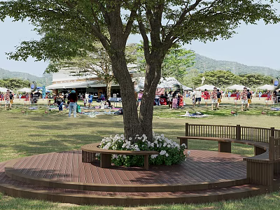 Park Landscape Featuring Large Tree Wooden Deck Benches White Flowers Open Grassy Area And Mountains 3d model