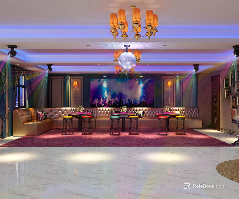 Luxurious KTV Interior Design With Comfortable Sofas Large Screen And Colorful Ambient Lighting 3d model