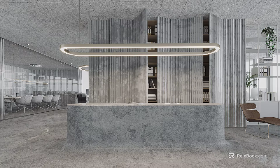 Modern Reception Desk With Concrete Design Circular Pendant Light And Vertical Panel Wall 3d model 