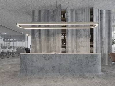Modern Reception Desk With Concrete Design Circular Pendant Light And Vertical Panel Wall 3d model