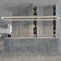 Modern Reception Desk With Concrete Design Circular Pendant Light And Vertical Panel Wall