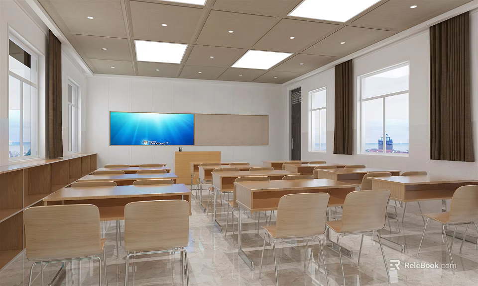 School Classroom With Wooden Desks Chairs Podium Large Screen Whiteboard And Windows 3d model 
