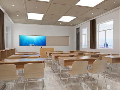 School Classroom With Wooden Desks Chairs Podium Large Screen Whiteboard And Windows 3d model