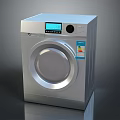 Silver Front Loading Washing Machine With Blue Display Screen Control Panel And Side Label 3d model