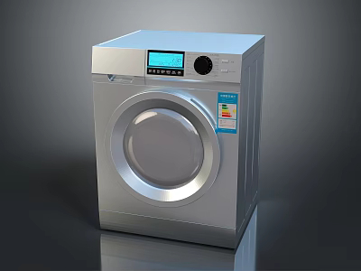 Silver Front Loading Washing Machine With Blue Display Screen Control Panel And Side Label 3d model