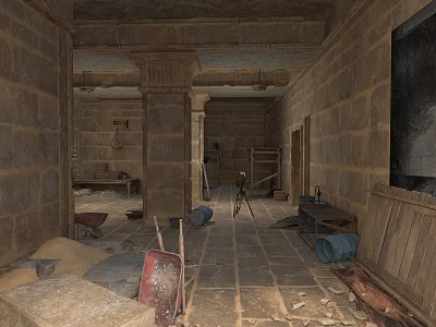Modern Restoration Work Inside Ancient Stone Building With Columns And Tools 3d model