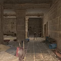 Modern Restoration Work Inside Ancient Stone Building With Columns And Tools 3d model