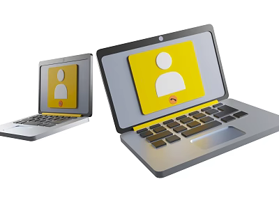 Two Modern Laptops Displaying User Profile Icons With Yellow Symbols On Screens 3d model