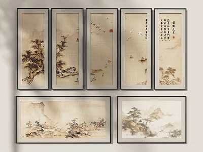 Landscape Hanging Painting New Chinese Style Hanging Painting Chinese Decorative Painting Combination Landscape Painting Living Room Hanging Painting Mural Landscape Painting 3d model
