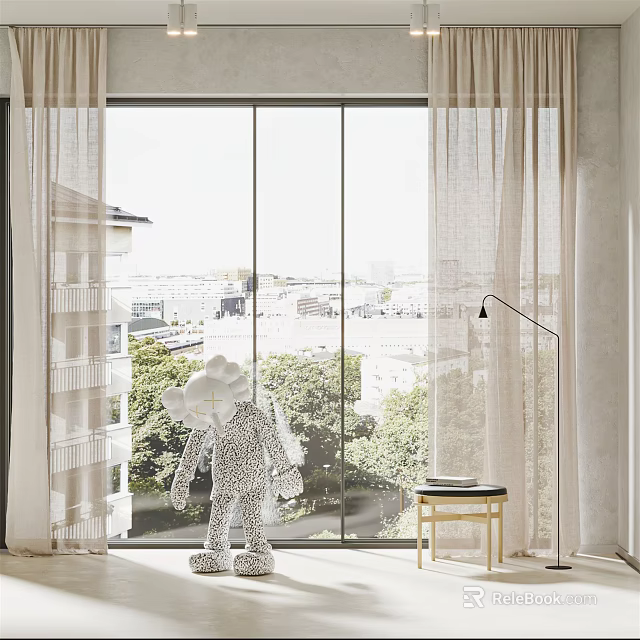 Light Colored Window Curtain In Modern Interior With Glass Window And City Tree View 3d model 