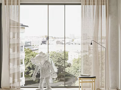 Light Colored Window Curtain In Modern Interior With Glass Window And City Tree View 3d model