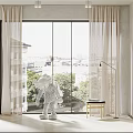 Light Colored Window Curtain In Modern Interior With Glass Window And City Tree View