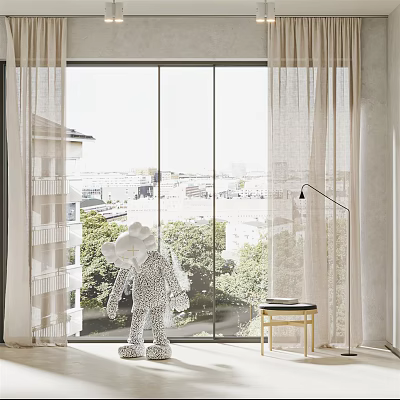 Light Colored Window Curtain In Modern Interior With Glass Window And City Tree View 3d model