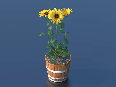 Potted Plant with Yellow Flowers and Green Leaves in Wooden Barrel Pot with White Stripes 3d model