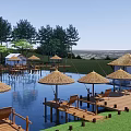 Scenic Park Landscape With Pond Wooden Platforms Cottages Palm Trees And Umbrellas
