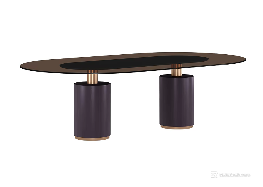 Stylish Oval Dark Dining Table With Cylindrical Brass Accent Legs And Smooth Tabletop 3d model 