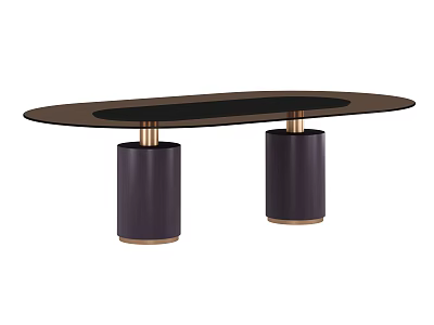 Stylish Oval Dark Dining Table With Cylindrical Brass Accent Legs And Smooth Tabletop 3d model